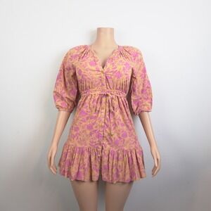 100% Cotton Coquette Boho Floral Mini Dress Puff Sleeve Romantic Cottagecore XS